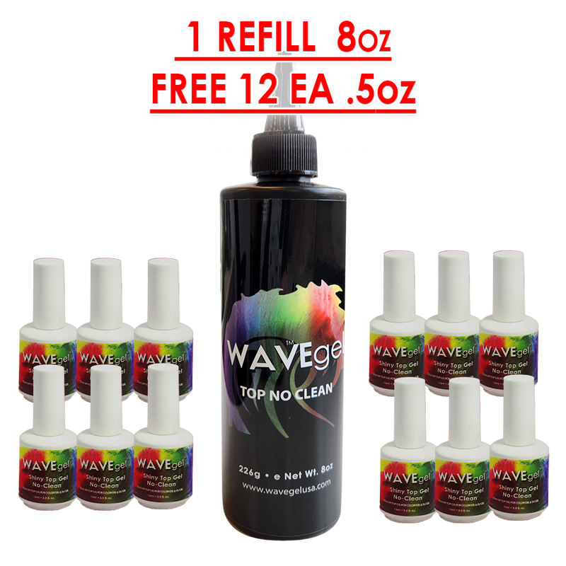 WaveGel No-Clean Top Coat S/O Gel Refill 8oz - GET 12 FREE NO-CLEAN TOP GEL 0.5 oz(value=$83.40)
